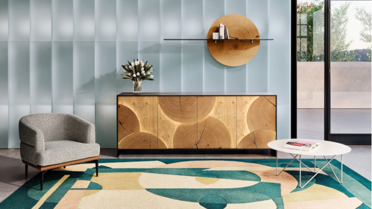 Buffet en bois 4 portes EQUINOXE haut de gamme avec lumière intégrée dans les façades.